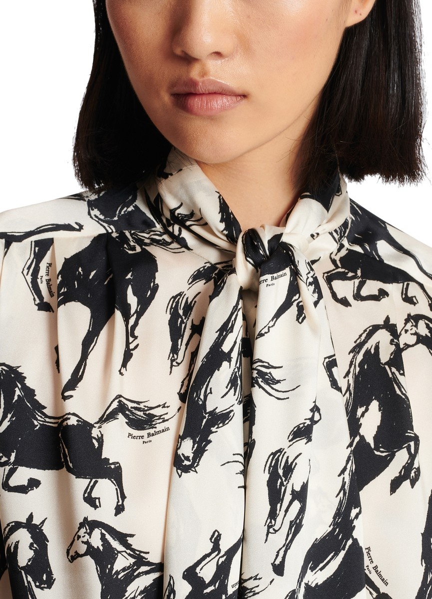 Printed Silk Shirt with Tie-Neck - 4