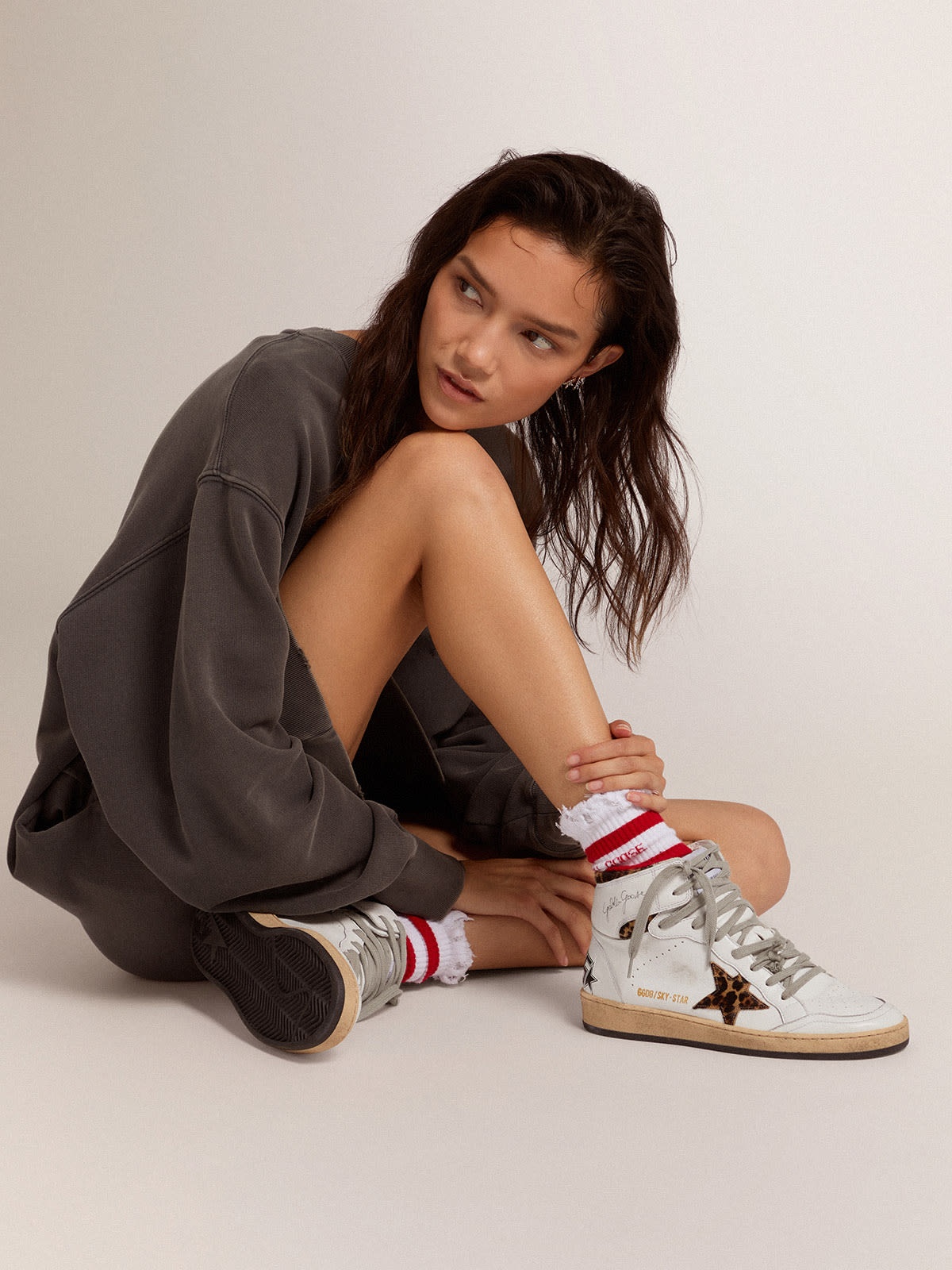 Sky-Star sneakers with signature on the ankle and leopard-print pony skin  inserts