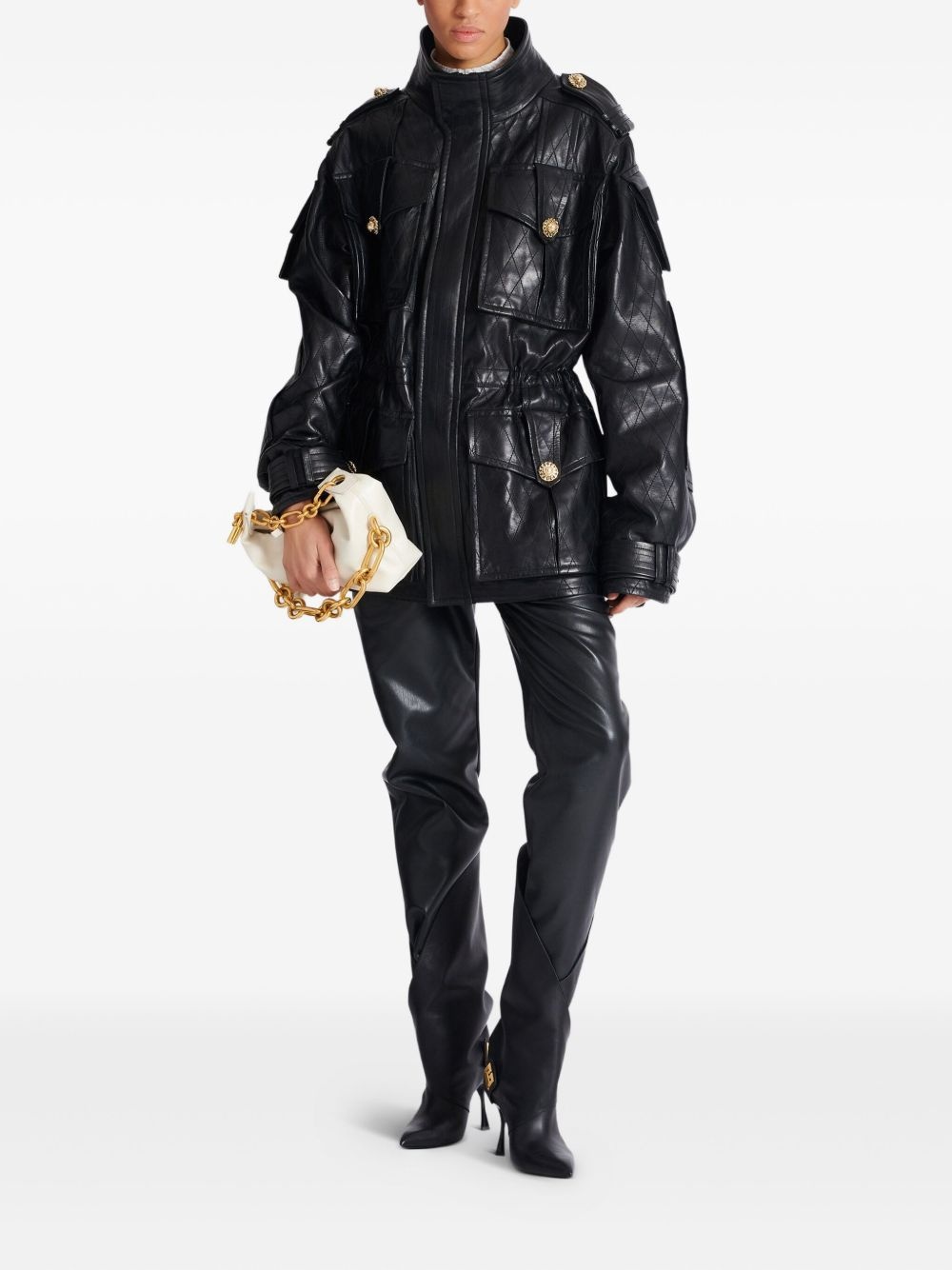 diamond-stitched leather parka coat - 2