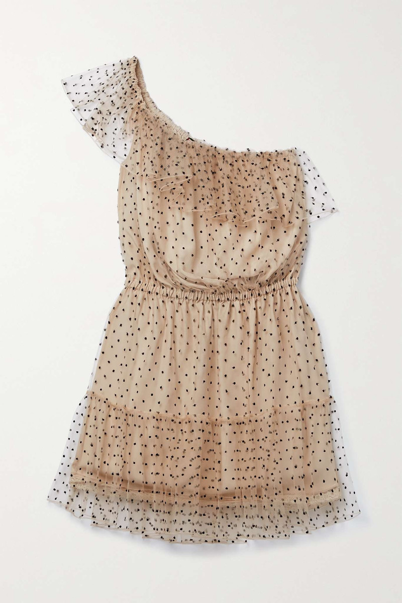 One-shoulder ruffle-trimmed point d'esprit and crepe de chine mini dress - 1