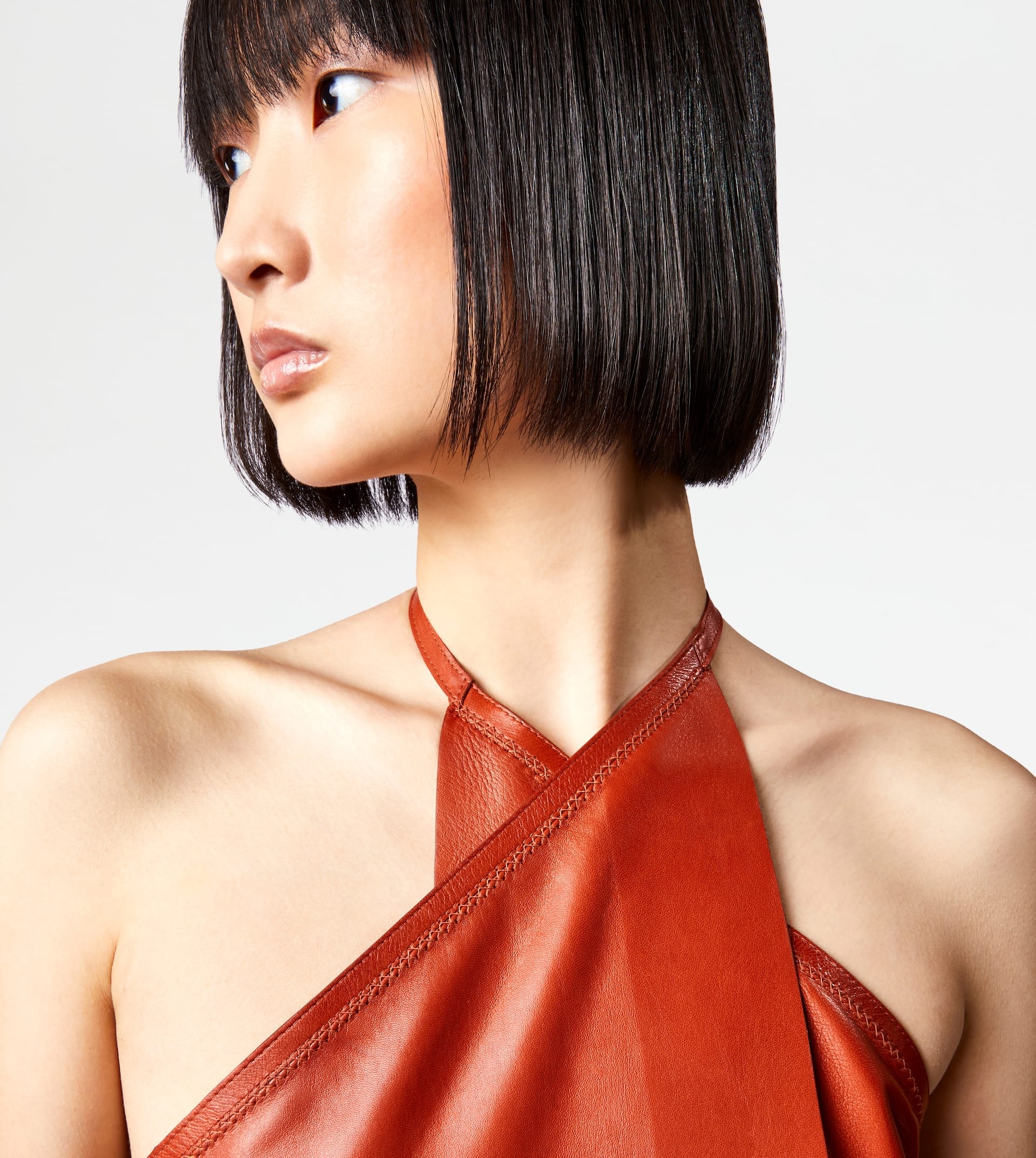 DRESS IN LEATHER WITH HALTERNECK COLLAR - BROWN - 5