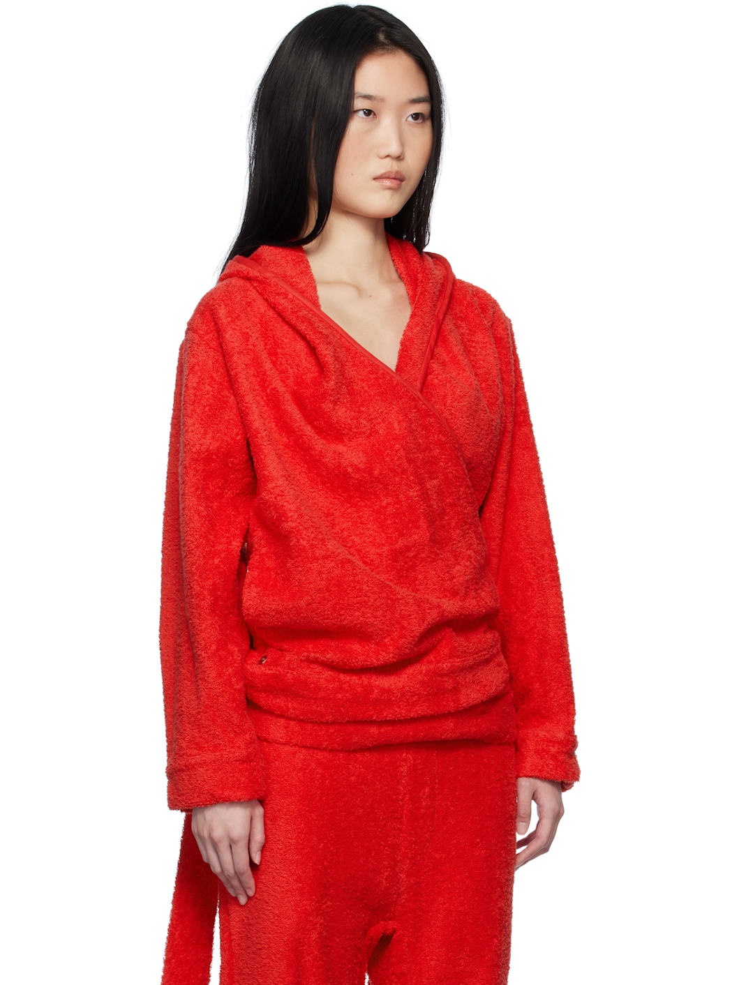 Red BathrobeV-hood Terrycloth Hoodie - 2