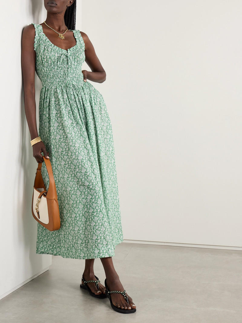 DÔEN Emmaretta Tie-detailed Shirred Floral-print Organic Cotton-voile Midi Dress outlook