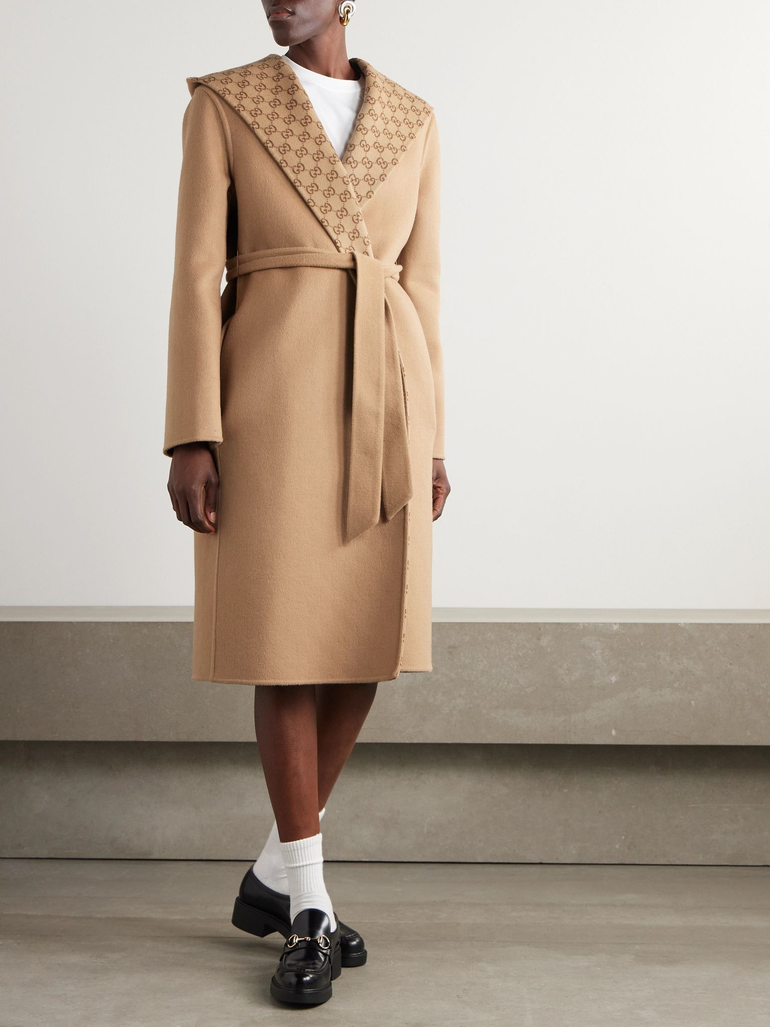 Reversible hooded belted wool and silk-blend jacquard coat Camel - 3