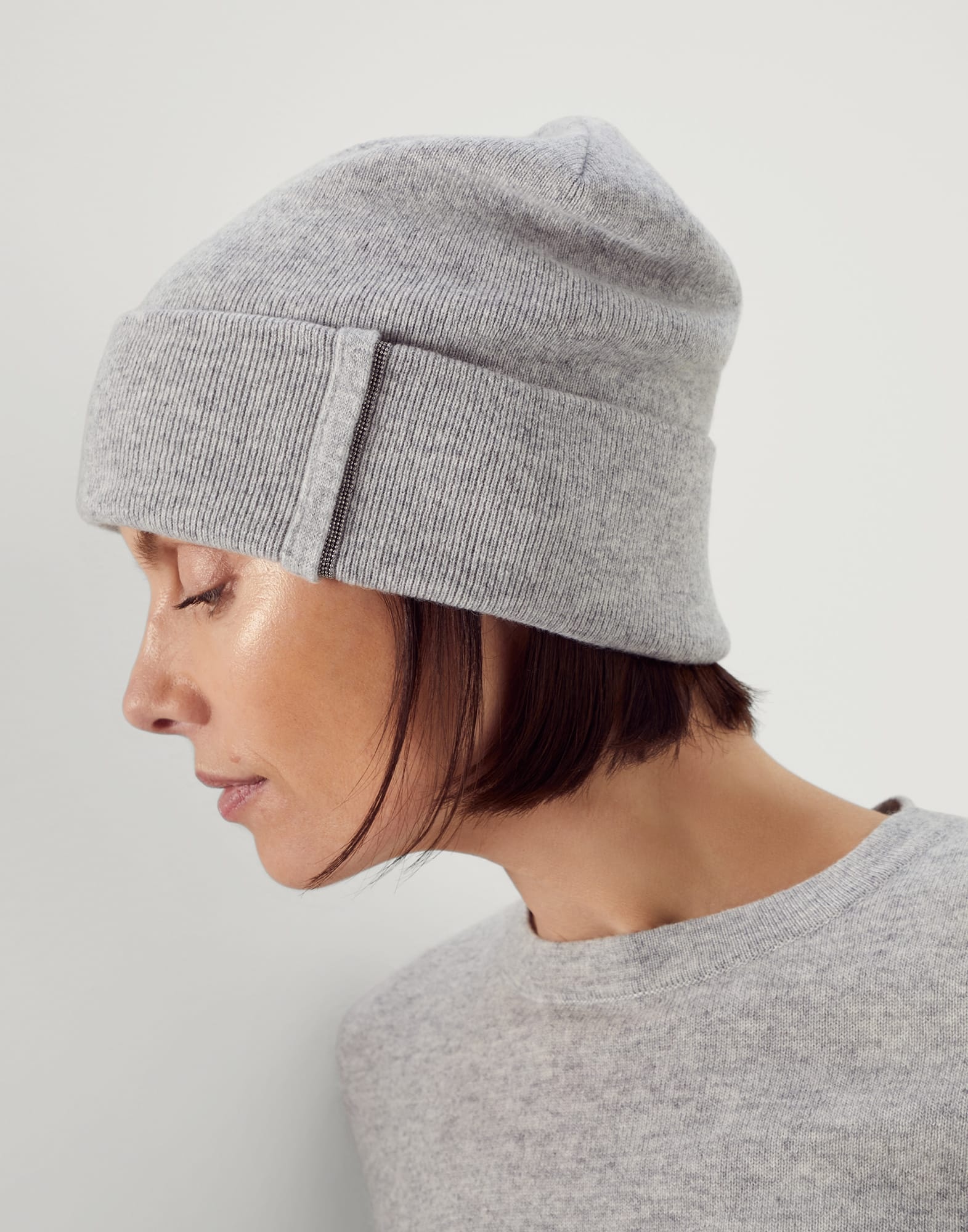 Cashmere rib knit beanie with monili - 3