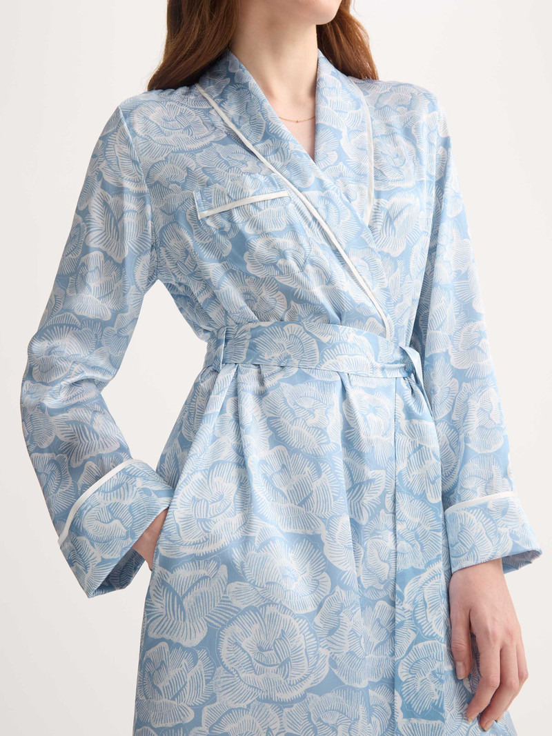 Women's Long Silk Robe Light Blue & White Rose Print 4