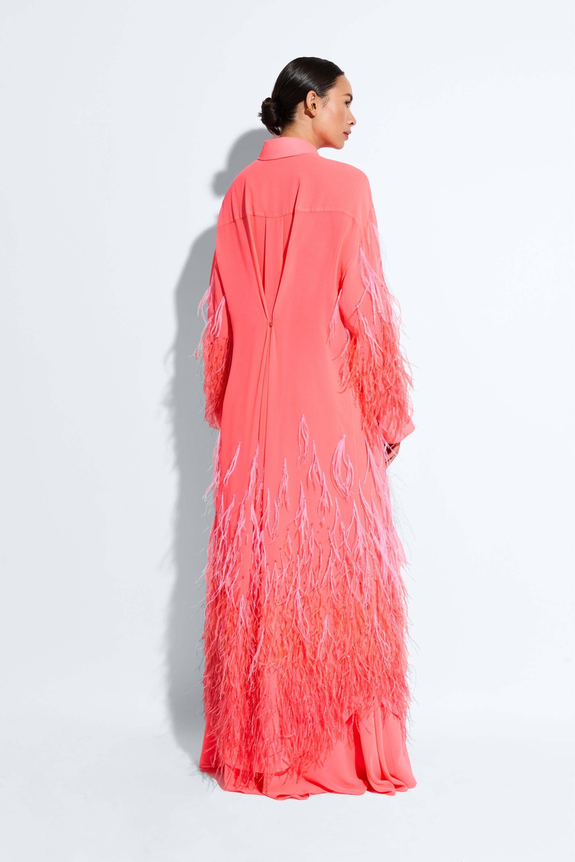Lightweight Georgette Long Button Down With Feathers - 3