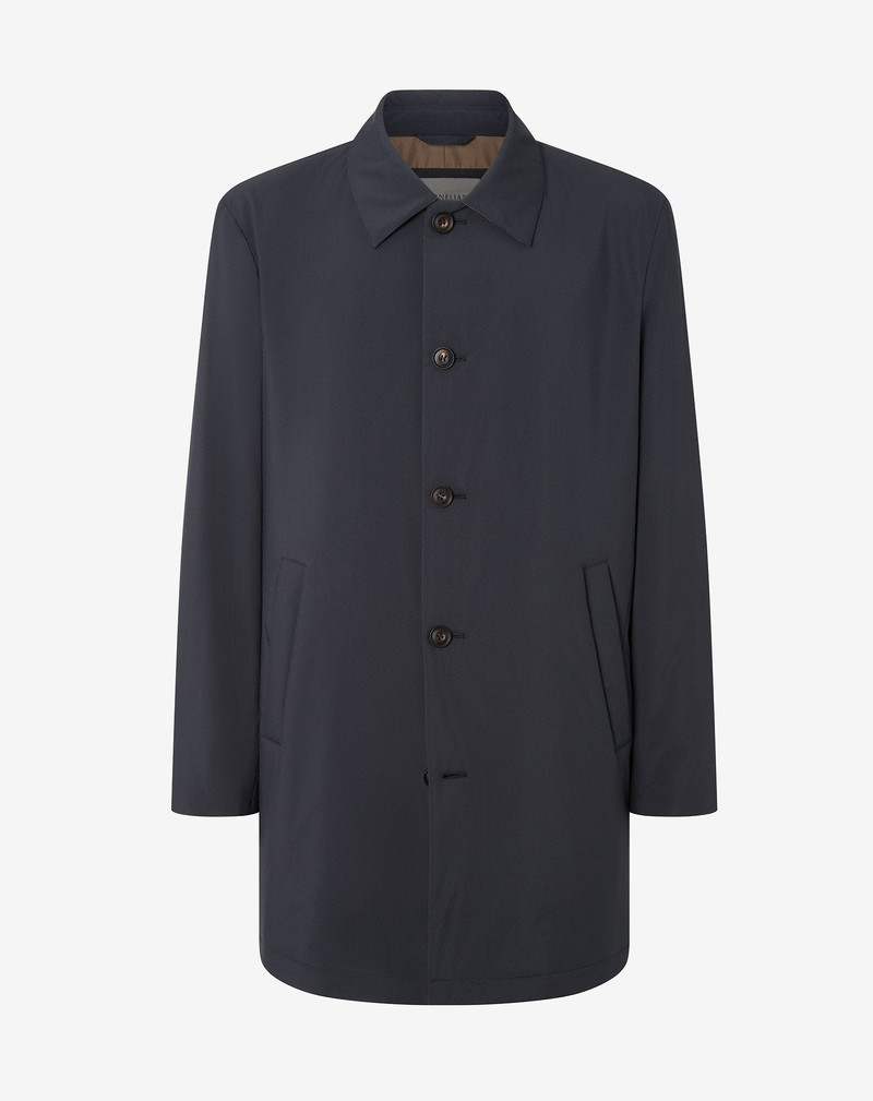 Blue technical fabric trench coat 1