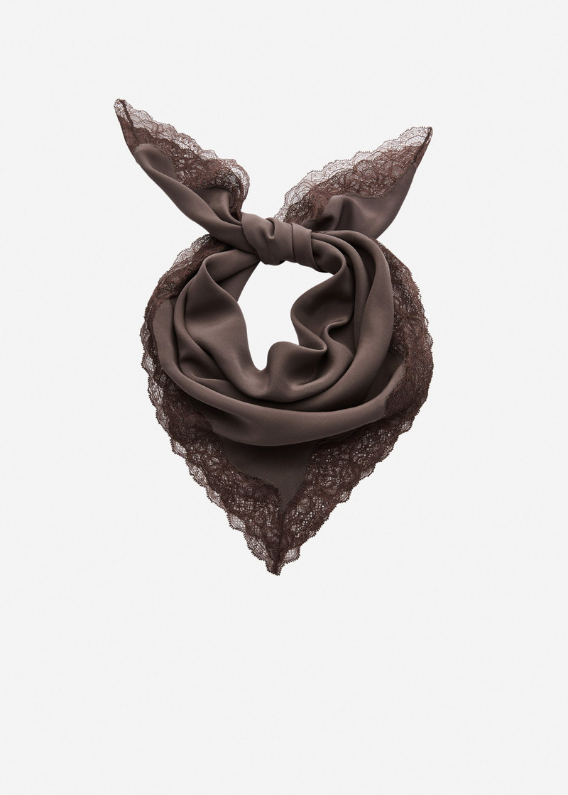Silk square scarf with lace trim in brown 1
