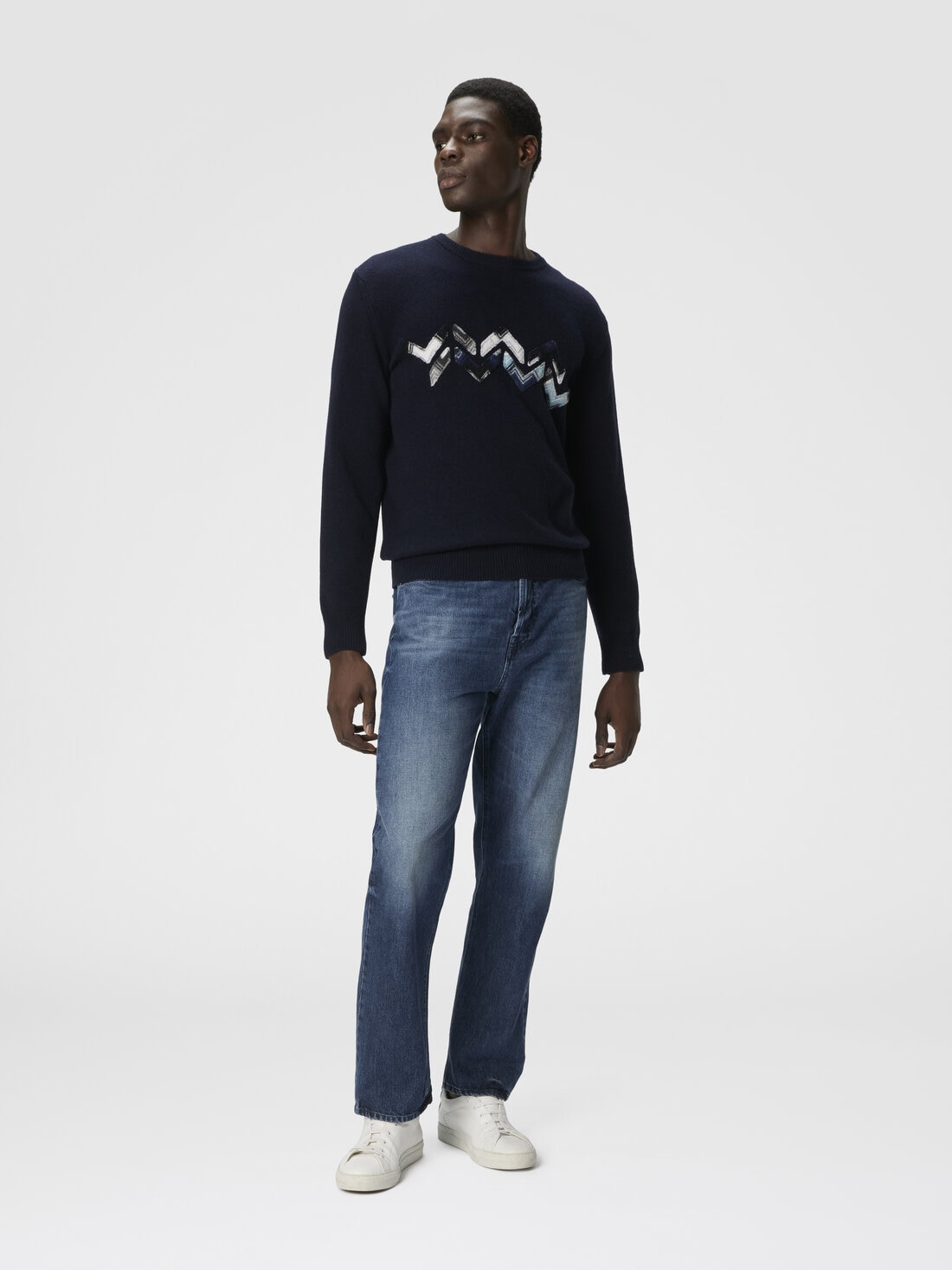 Crew Neck Sweater with Zigzag Detail - 2