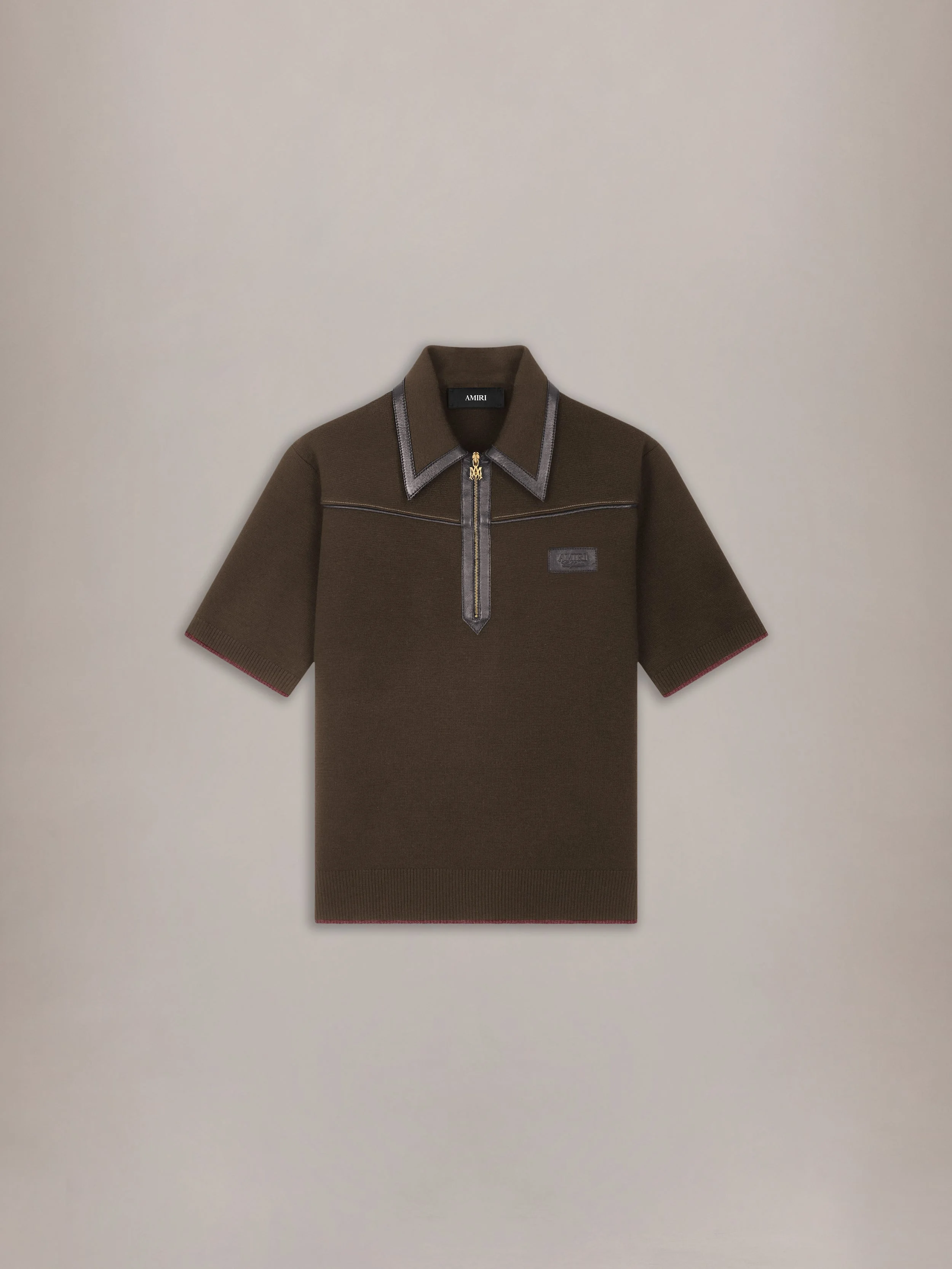 LEATHER TRIM KNIT ZIPPED POLO - 1