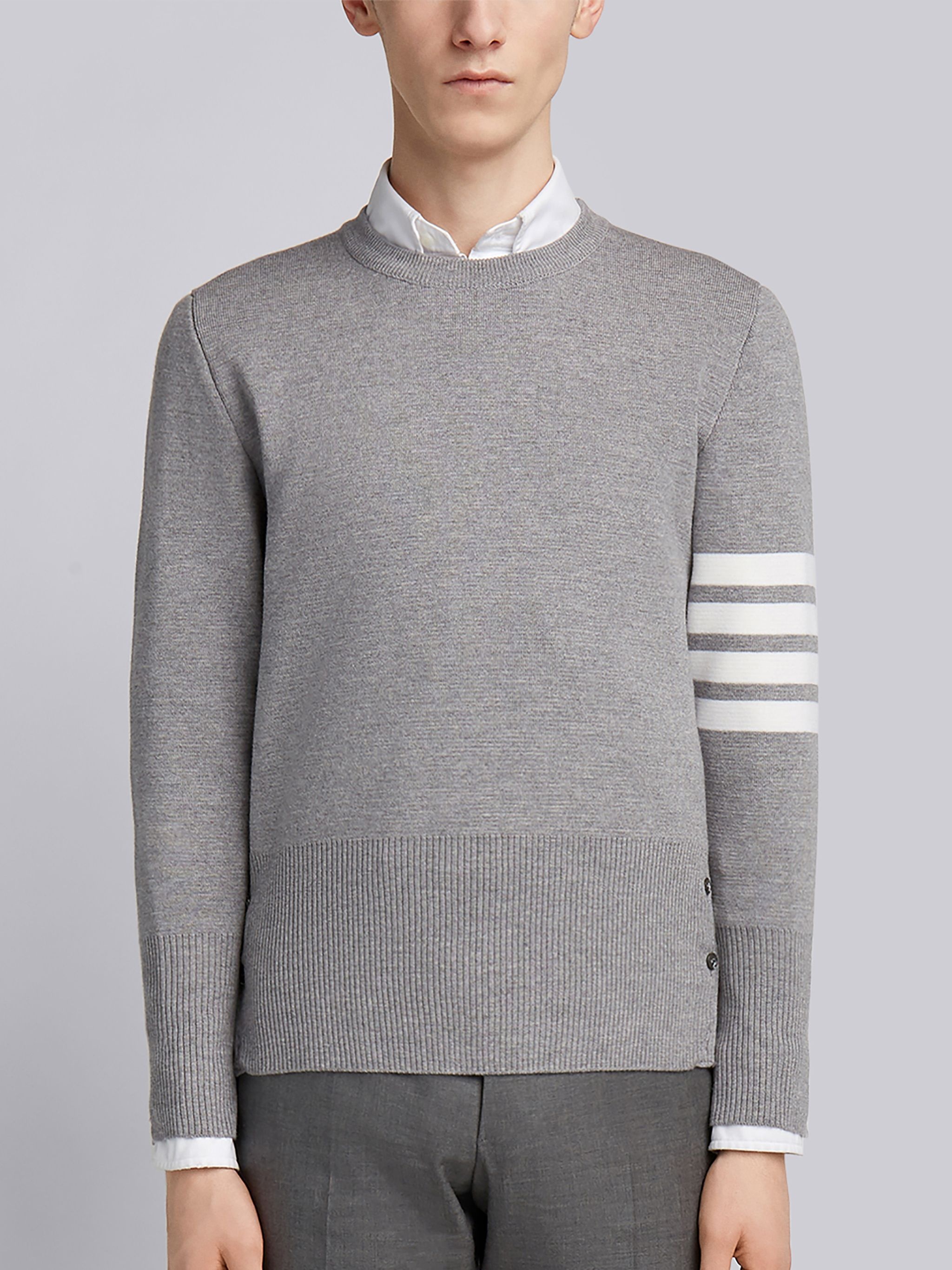 Light Grey Finemerino Wool 4-bar Crew Neck Pullover - 1