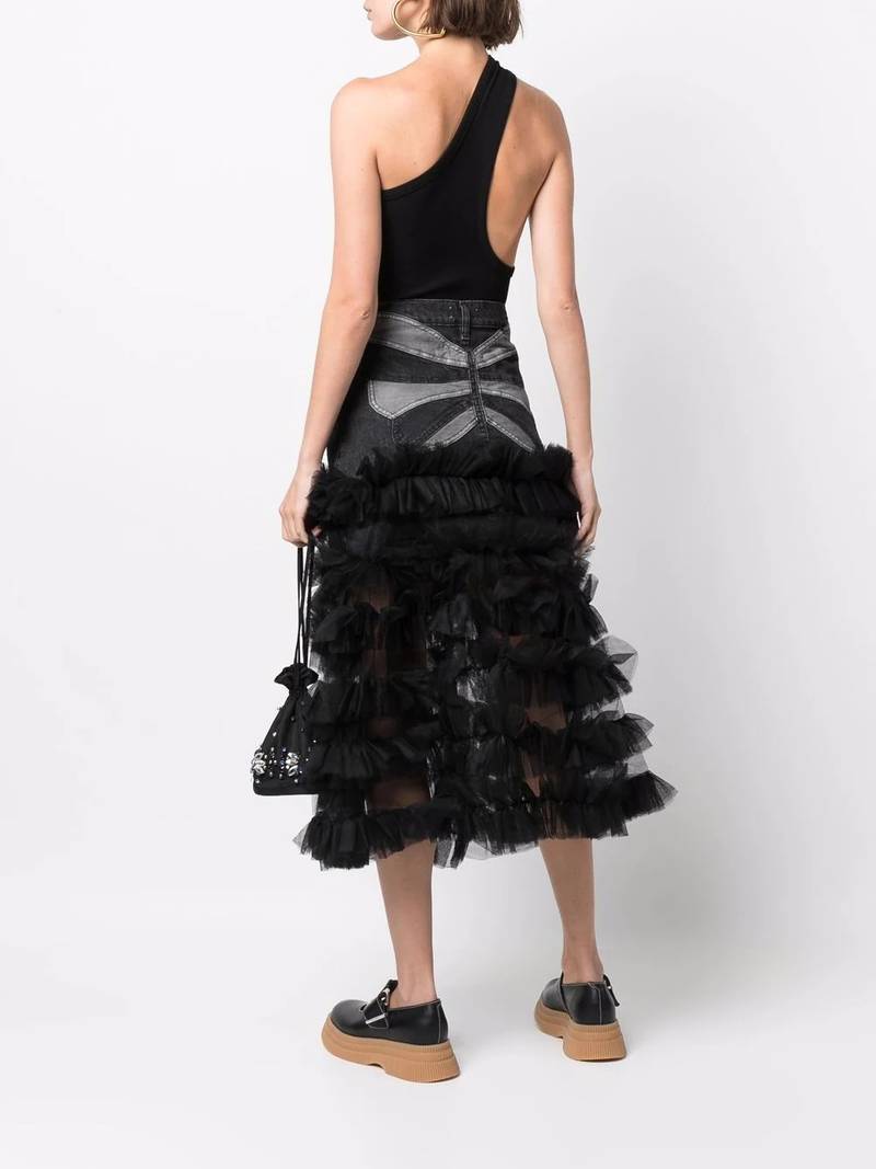 REDValentino ruffle tulle-trim denim A-line skirt outlook