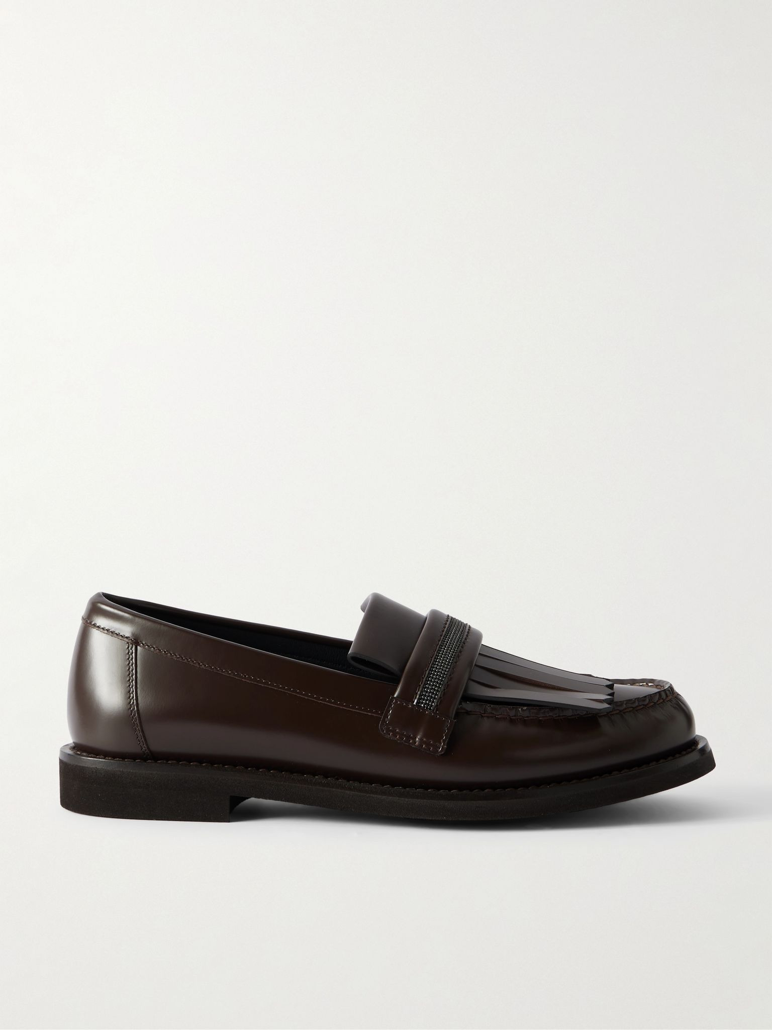 Bead-embellished fringed leather loafers Dark brown - 1