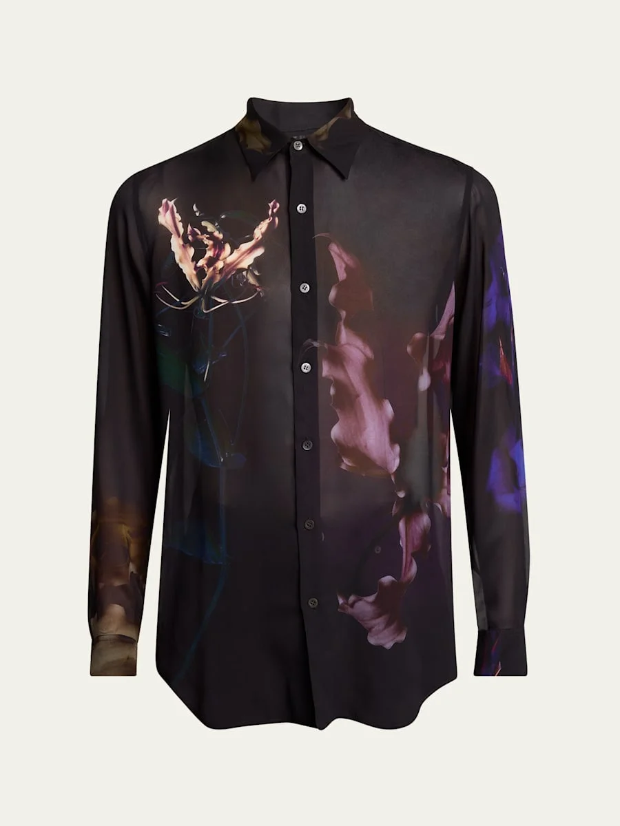 Men's Viscose Floral Point Collar Button-Down Shirt - 1
