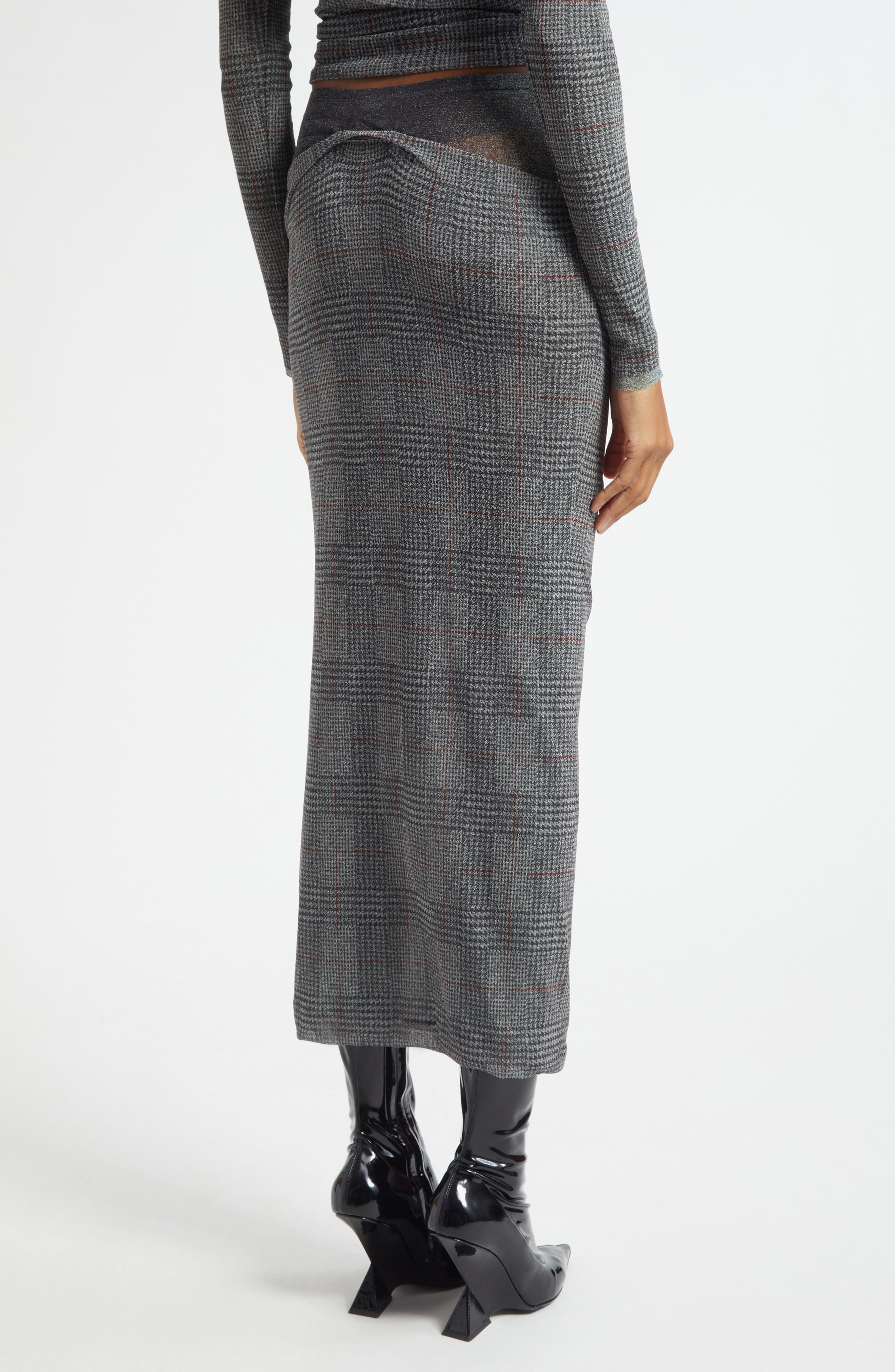 Jean Paul Gaultier Double Layer Prince of Wales Print Mesh Midi Skirt in Light Grey/Vanilla/Red at N - 3