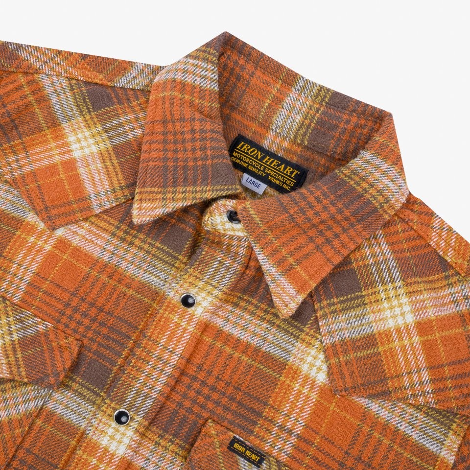 IHSH-399-ORA 12oz Slubby Heavy Flannel Check Western Shirt - Orange - 6