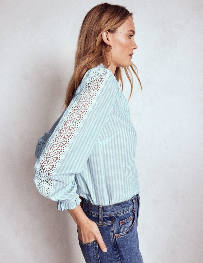 Lorna Pleated Cotton Top-Blue and Ivory Stripe 3