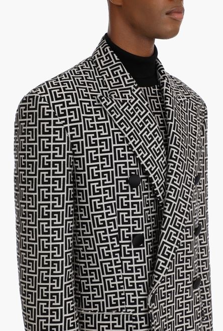 Bicolor ivory and black double-breasted coat with Balmain monogram - 9