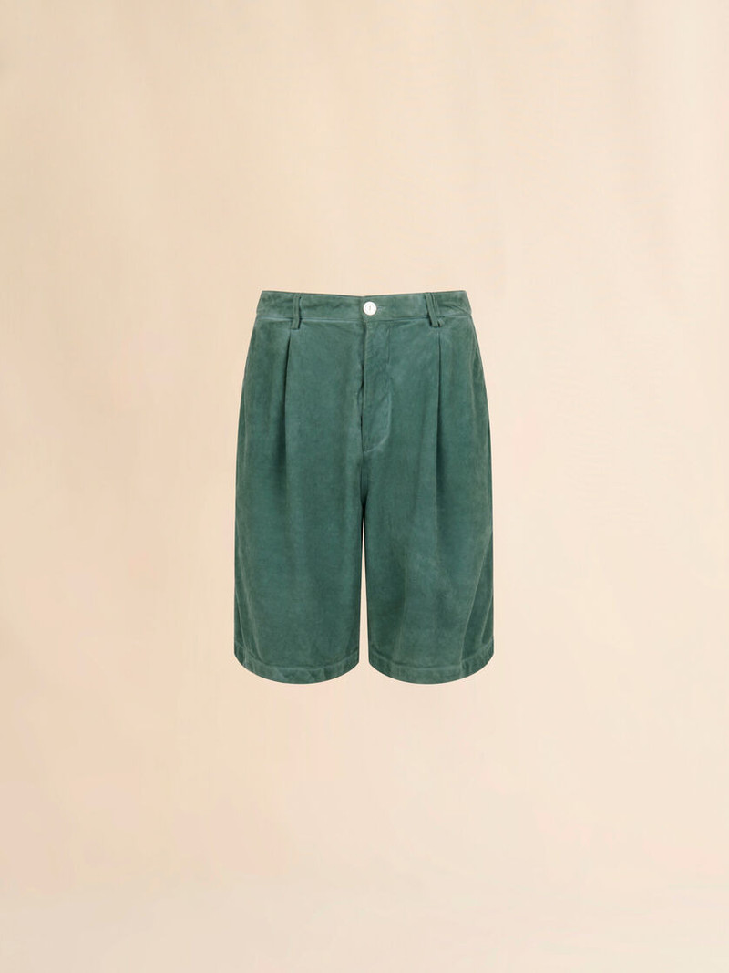 GREEN SUEDE SHORTS WITH PLEATS 1