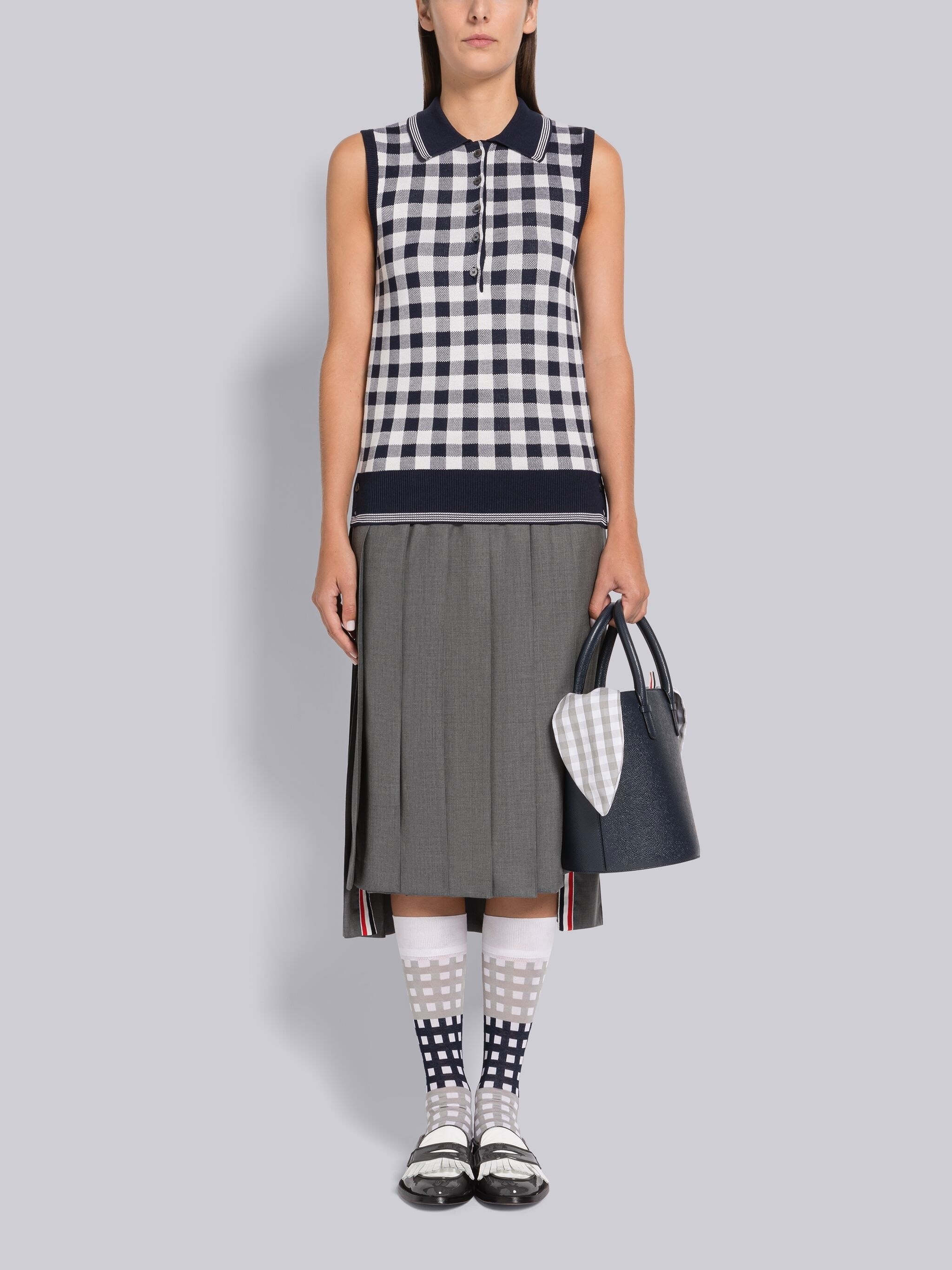 Gingham Silk Jacquard 4-Bar Polo Shell Top - 4