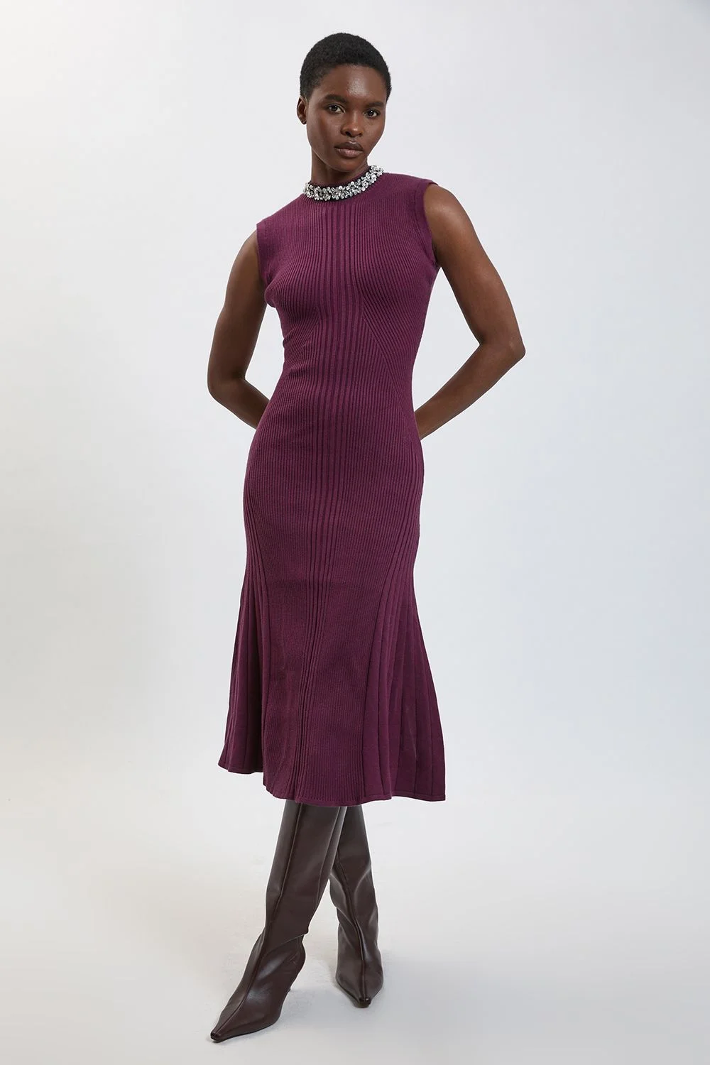 Petite Crystal Neck Trim Viscose Ribbed Maxi Dress With Godets - 1