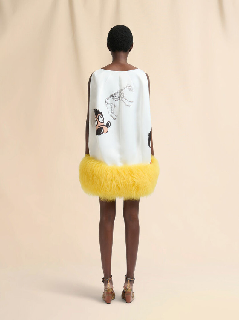 WHITE SATIN MINI DRESS WITH FUR HEM 3