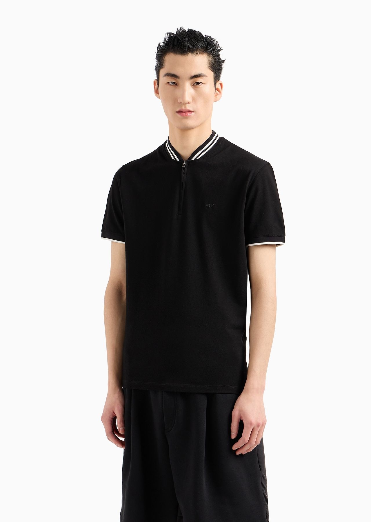 Mercerised piqué polo shirt with zip, bomber jacket collar and micro eagle embroidery - 2