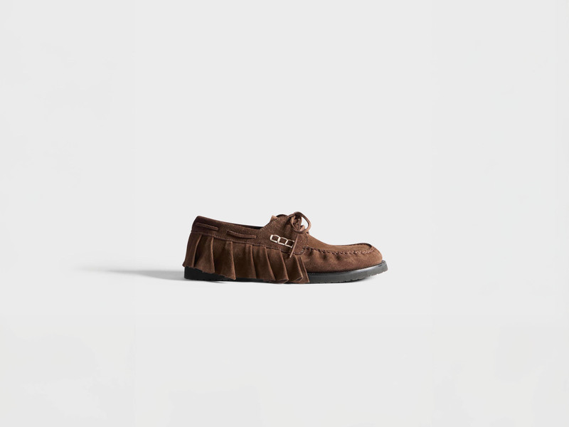 JW Anderson MENS LOAFER RUFFLE SUEDE BOAT SHOES IN CHOCOLATE BROWN outlook