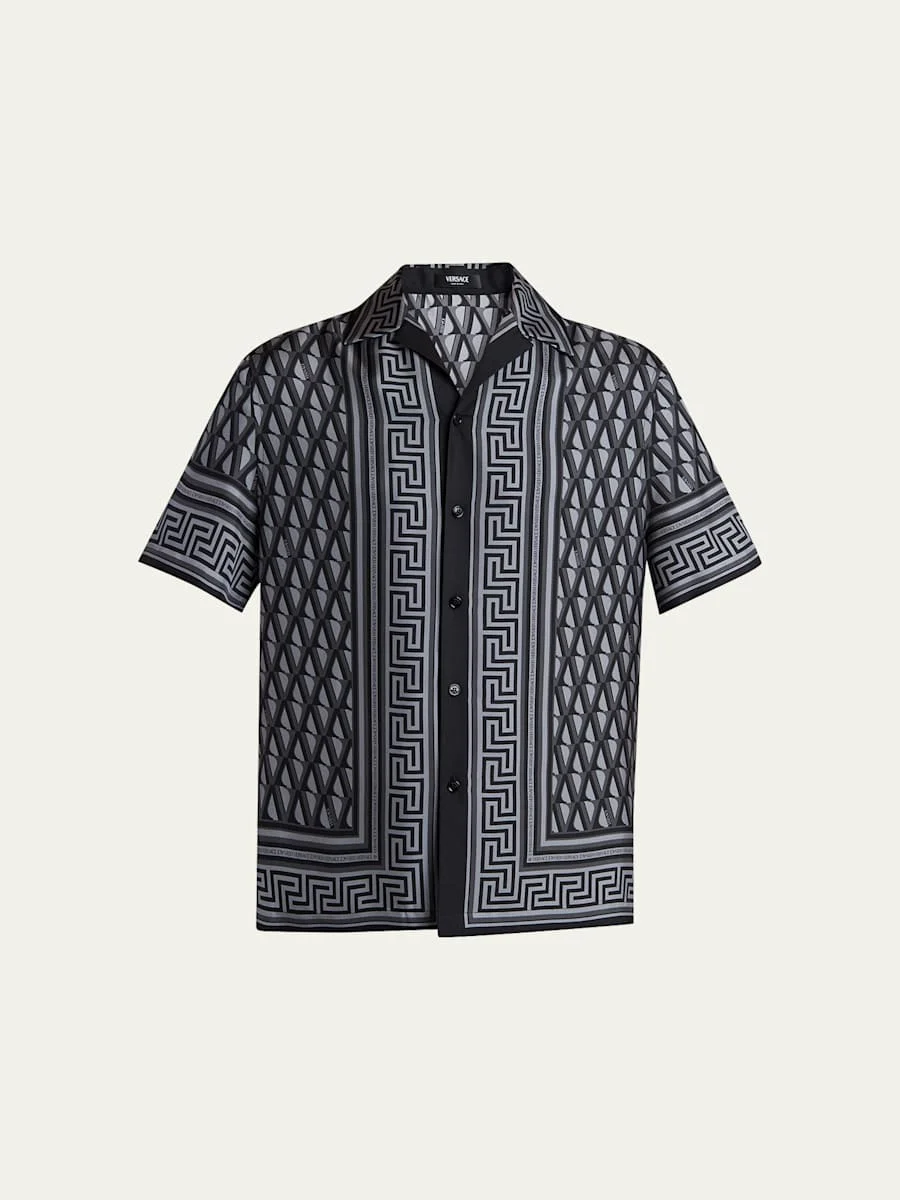 Men's Silk Monogram Greca-Trim Bowling Shirt - 1