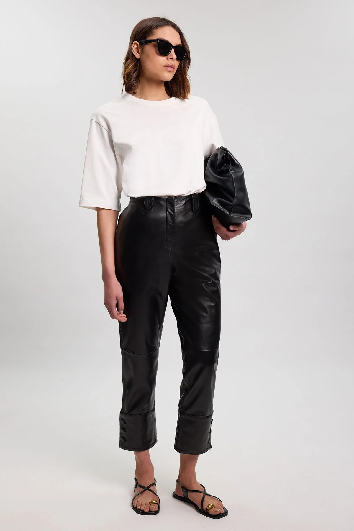 Leather Wide Leg Button Detail Trouser - 1