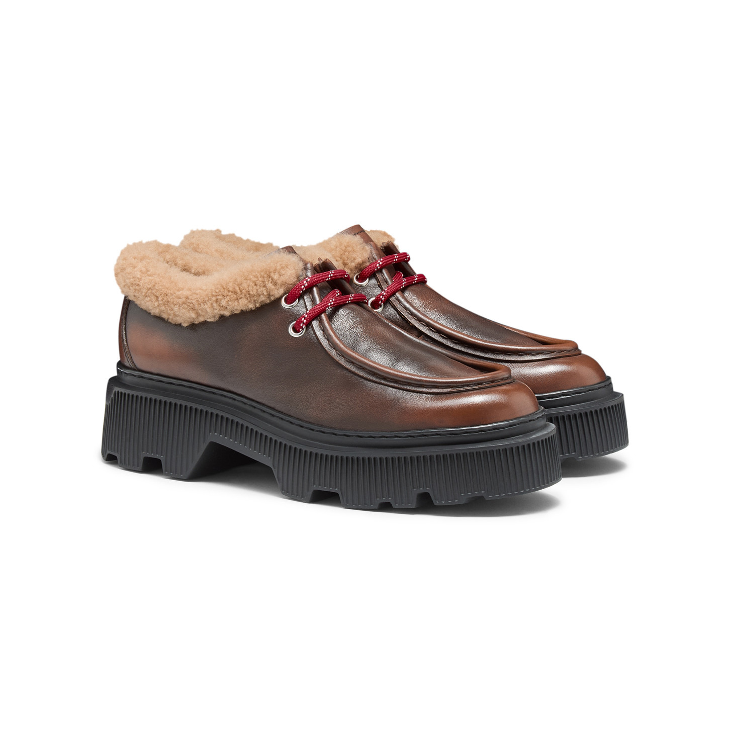 Women's brown leather lace-up with fur - 3