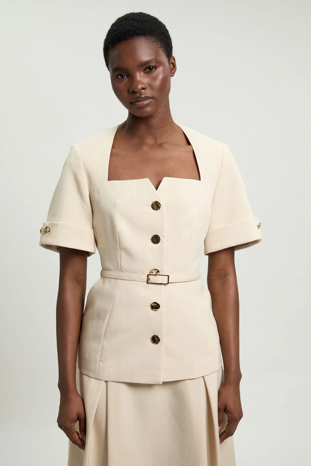 Viscose Belted Square Neck Short Sleeve Tailored Jacket - 1