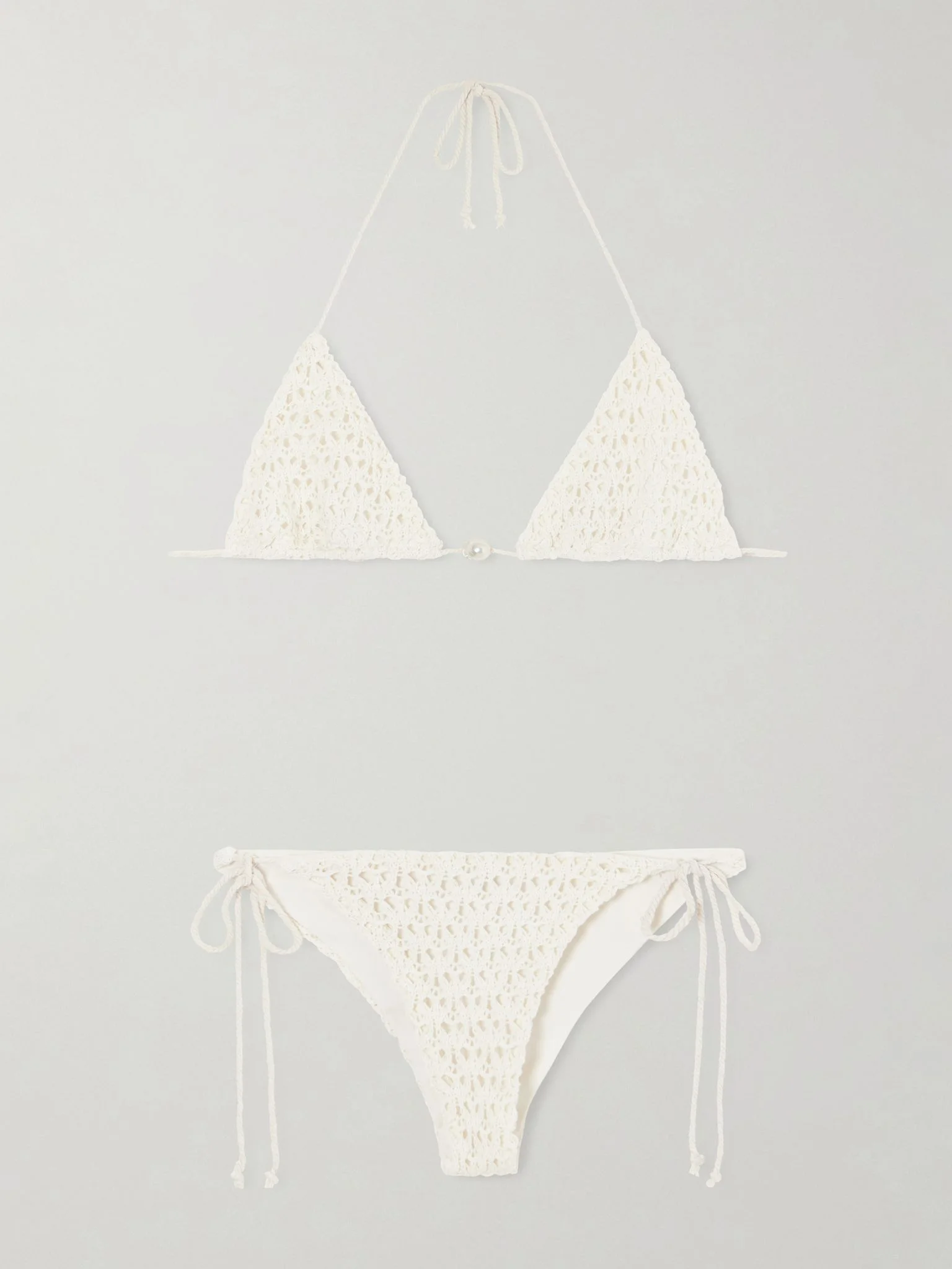 Pearl crocheted cotton triangle bikini Ecru - 1