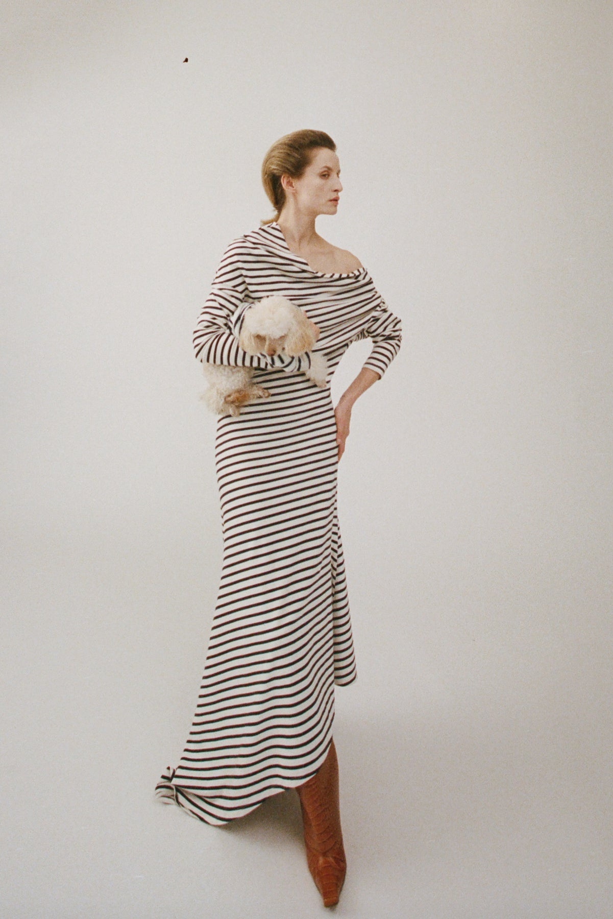 OFF SHOULDER ASYMMETRIC DRESS WHITE NAVY STRIPE - 9
