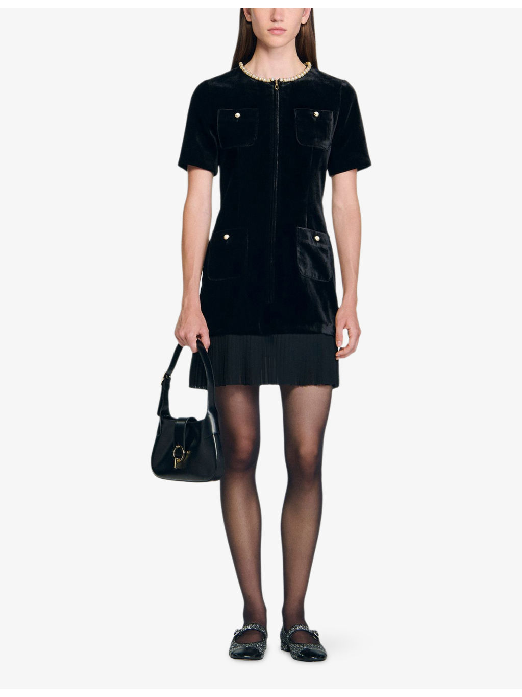 Pearl-Embellished Pleated-Hem Velvet Mini Dress - 2