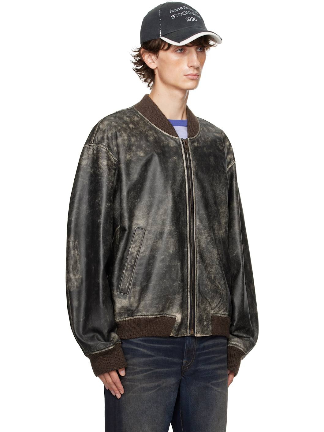 Black Distressed Leather Bomber Jacket - 2