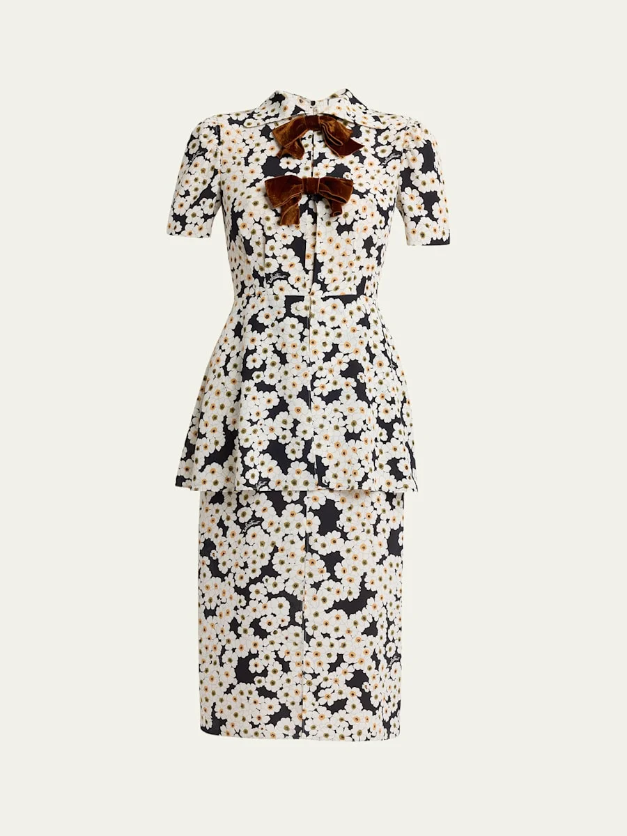 Daisy-Print Silk Bow-Front Peplum Shirtdress - 1