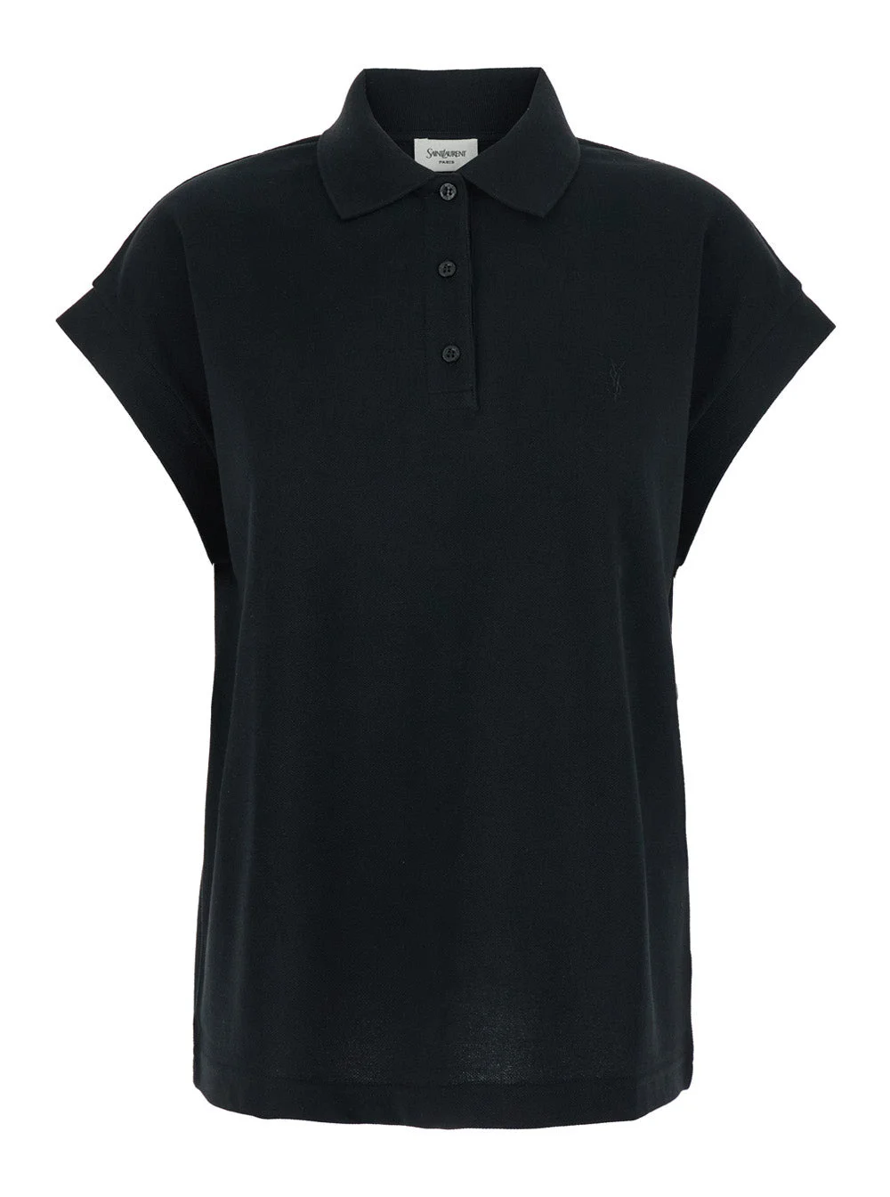 Saint Laurent Women Black Sleeveless Polo Shirt With Classic Collar And Cassandre Embroidery On The - 1
