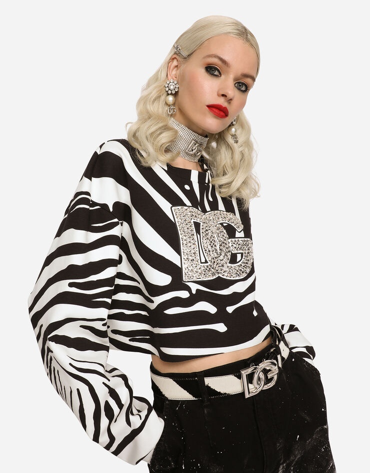 Zebra-print interlock sweatshirt with crystal-embellished DG logo - 2