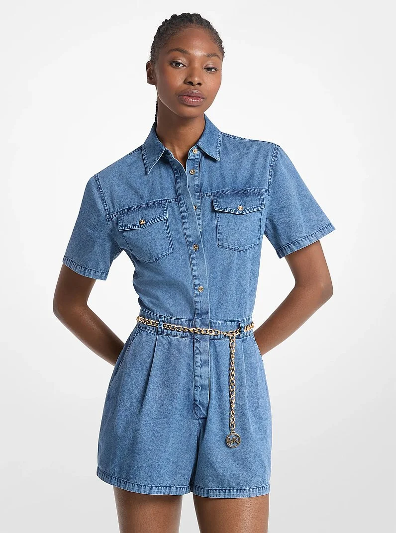 Denim Belted Romper - 1