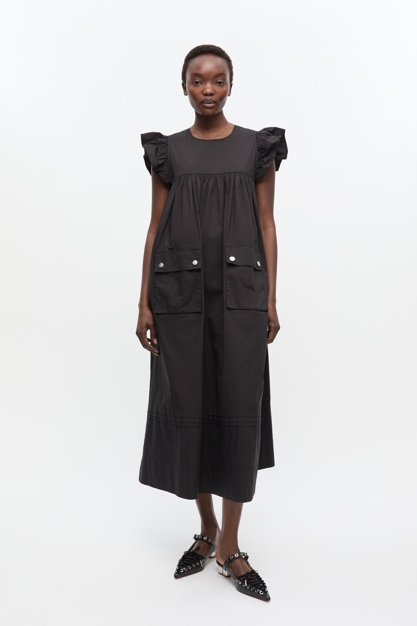 BLACK STRETCH COTTON FRILL SLEEVE DRESS - 2