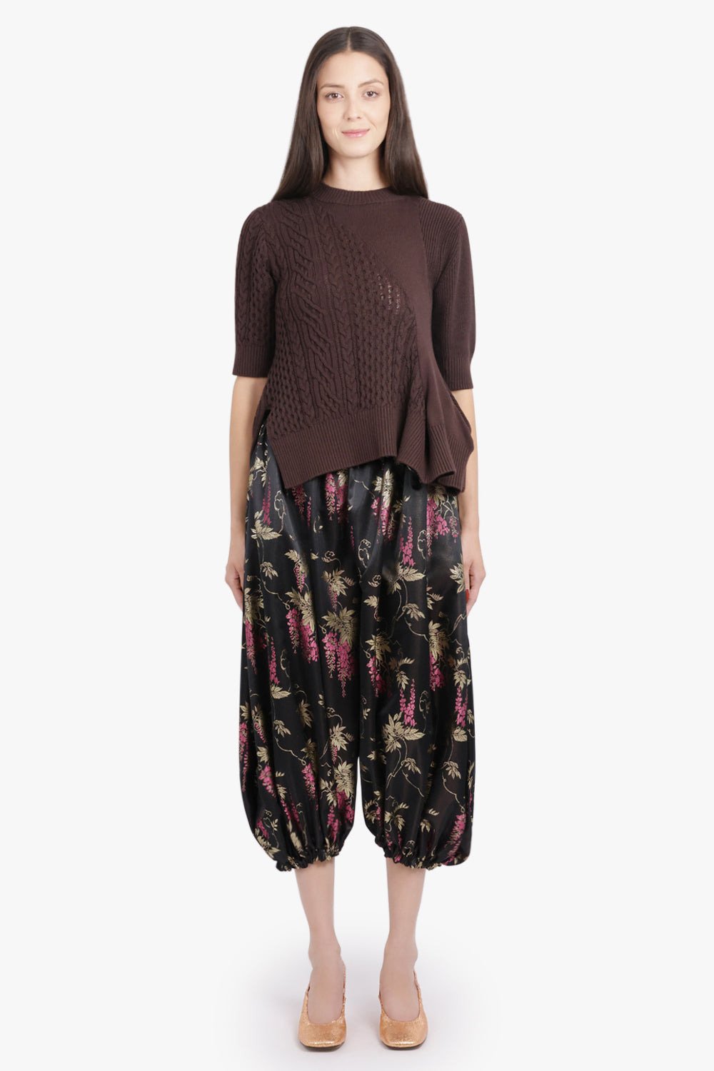 GATHERED FLORAL PRINT BALLOON PANT WITH CUFF | BLACK/PINK/GOLD - 4