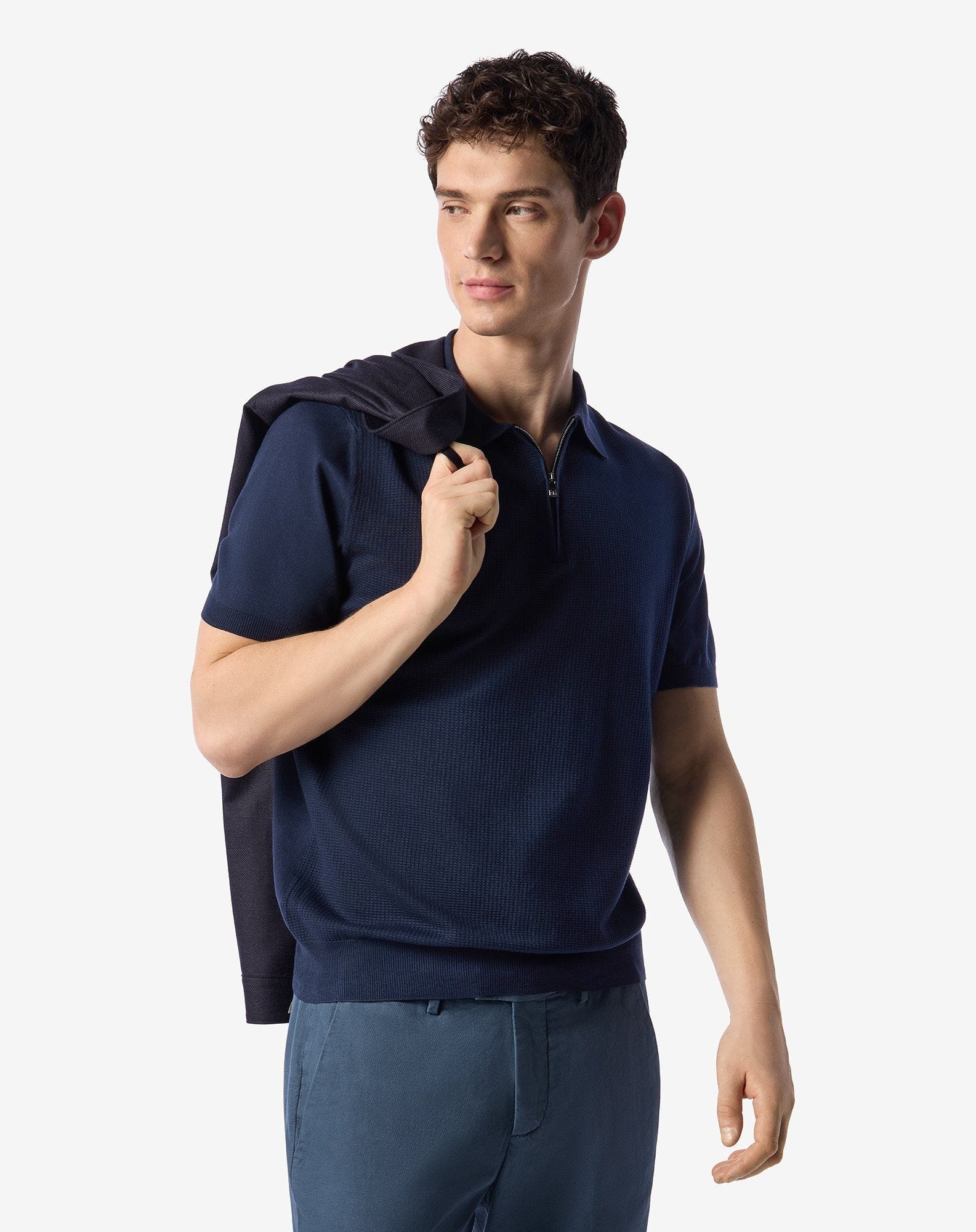 Navy blue zip-up Pima cotton polo shirt - 2
