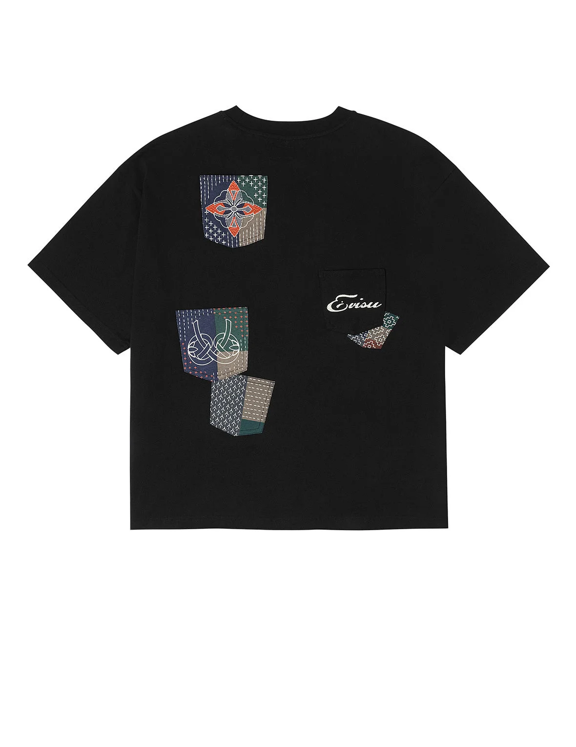 Multi-pocket Color Blocking Sashiko Loose Fit T-shirt - 1