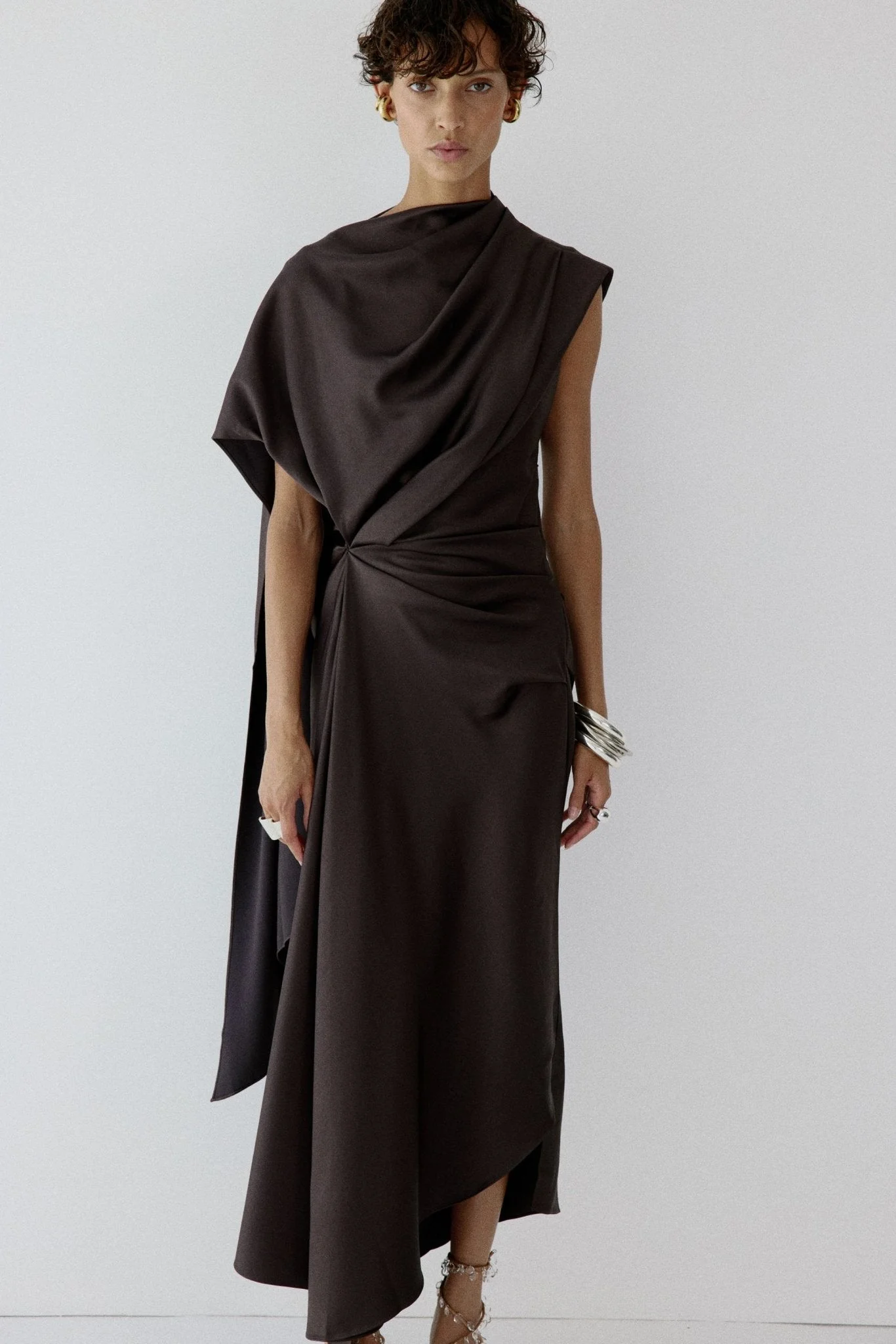LUNESSA MIDI DRESS IN UMBER BROWN SATIN - 1