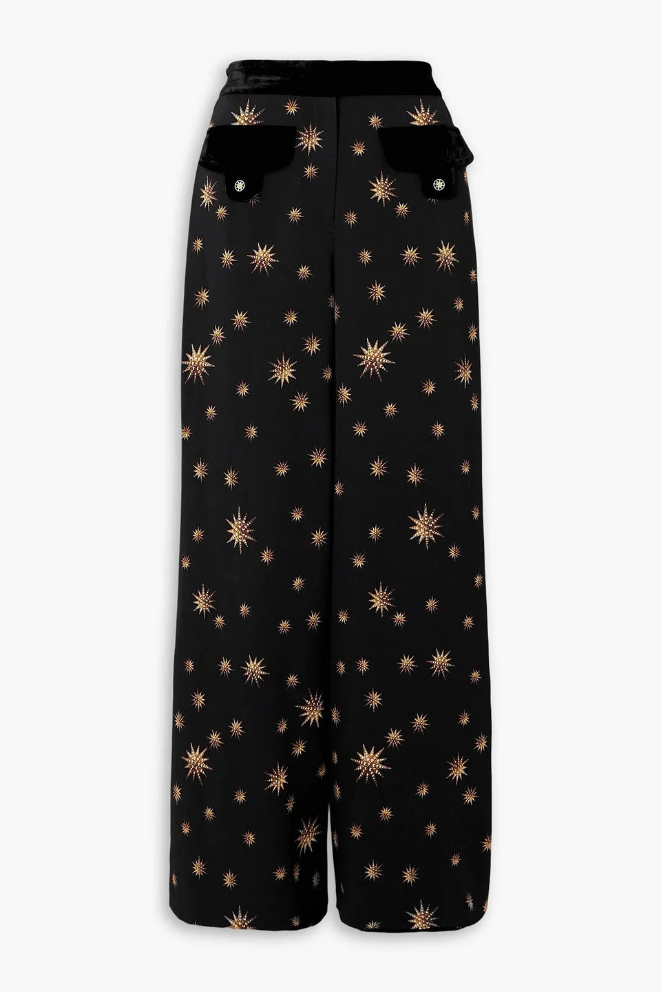 Velvet-trimmed printed woven flared pants - 1