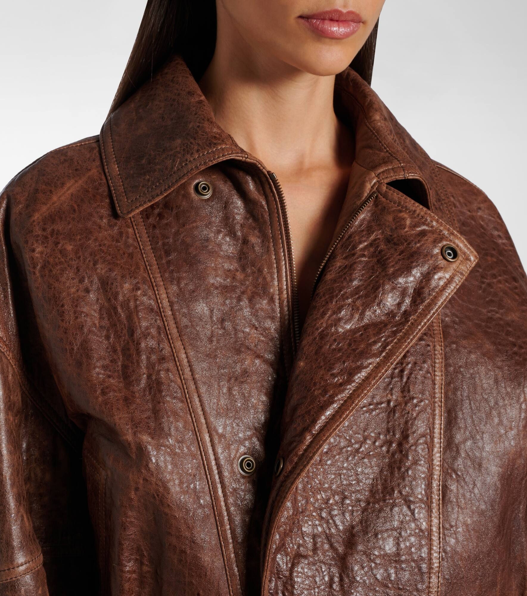 Double-breasted leather bomber jacket - 4