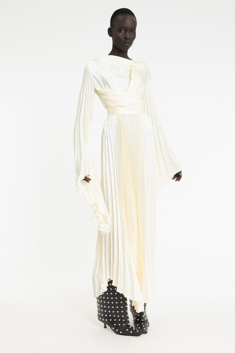 WRAP AROUND MAXI DRESS WITH PLEATED SKIRT AND SLEEVES IVORY 1