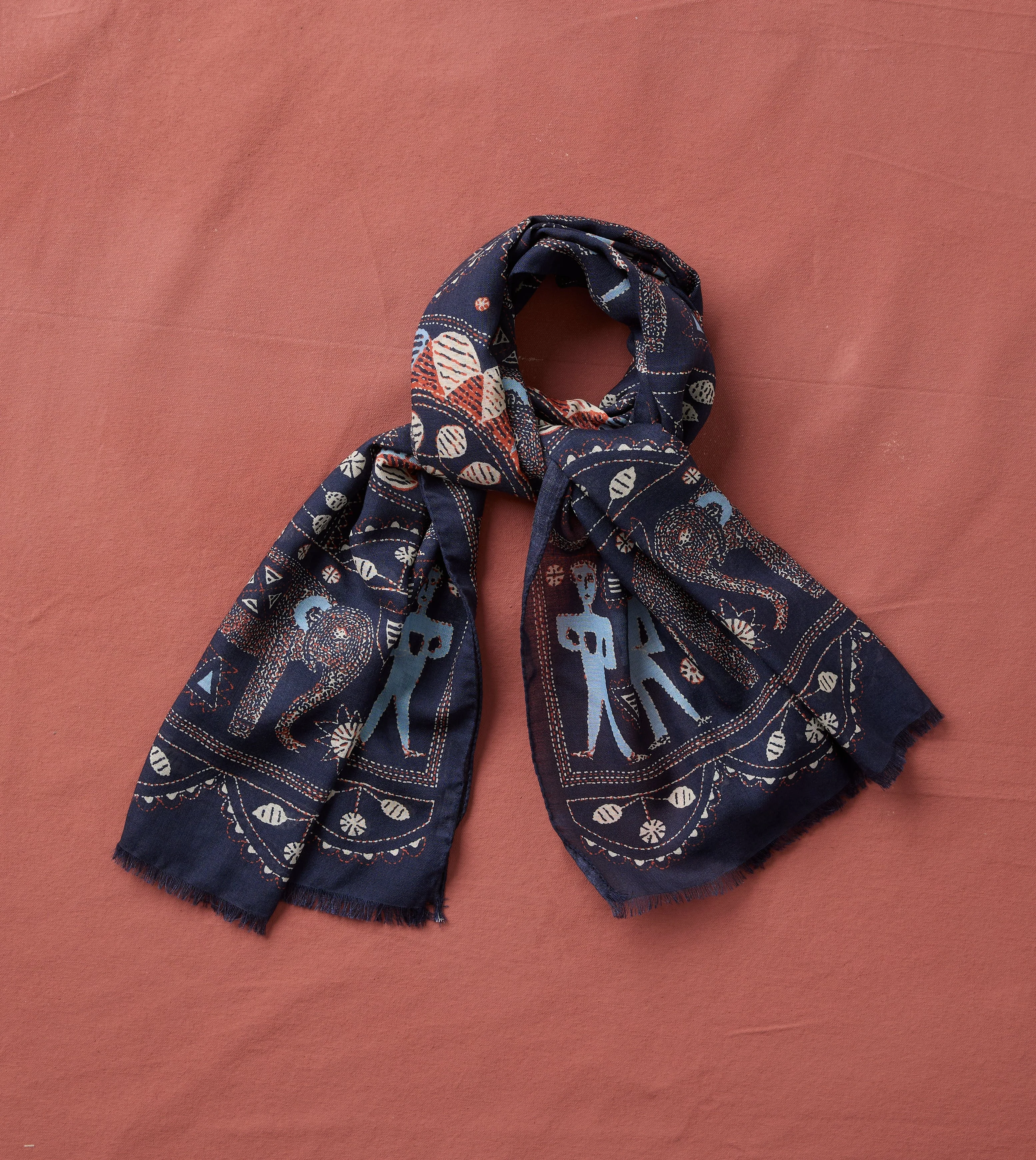 Navy Embroidered Elephant Print Wool Silk Scarf - 1